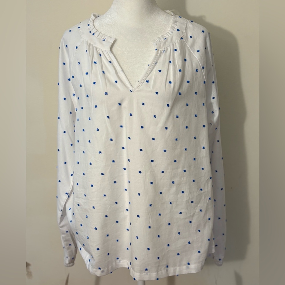 Croft & Barrow White and Blue Long Sleeve Bib Collar Blouse